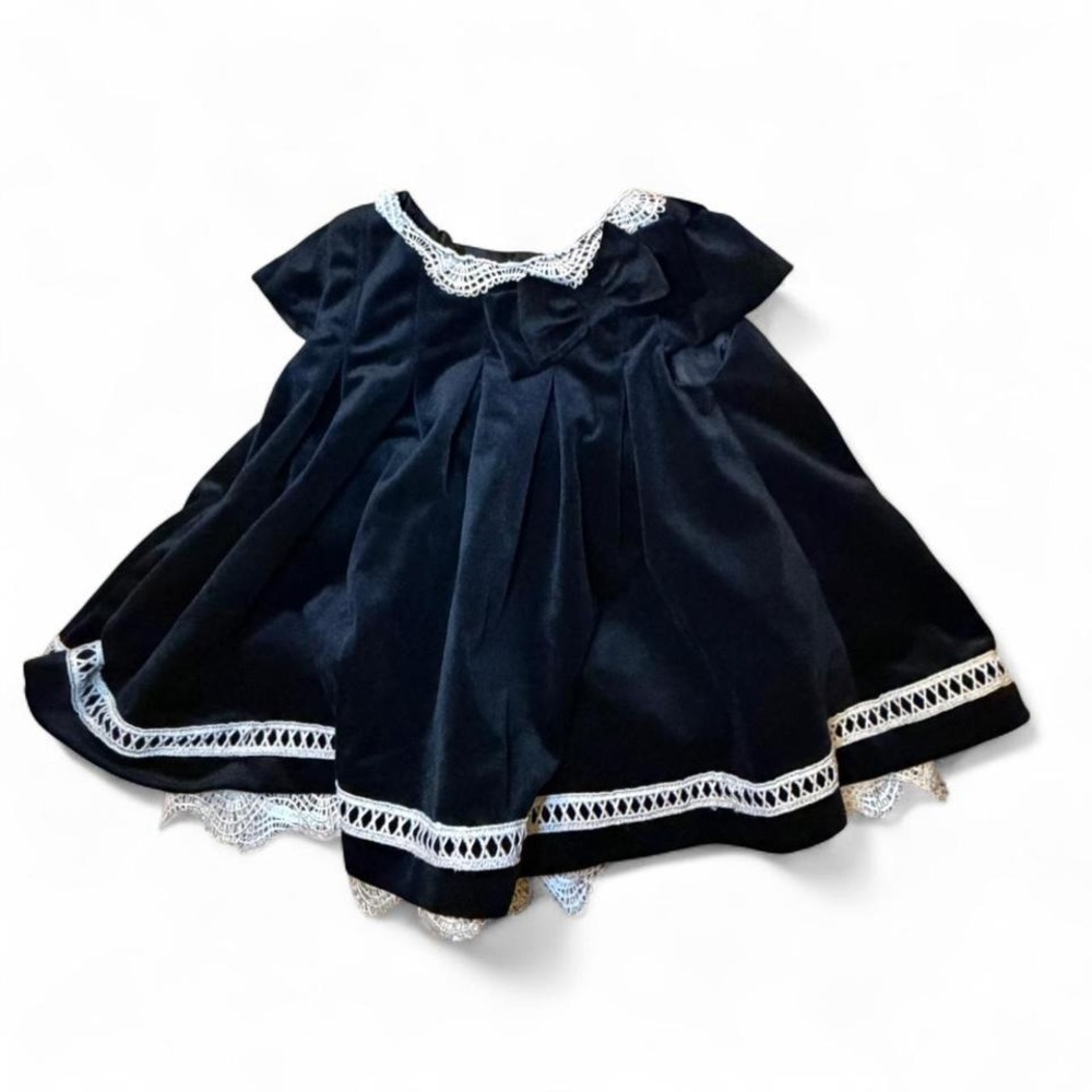 Vintage‎ Black Velvet Lace Trim Party Dress Toddler Formal Holiday Dress 18 Mos